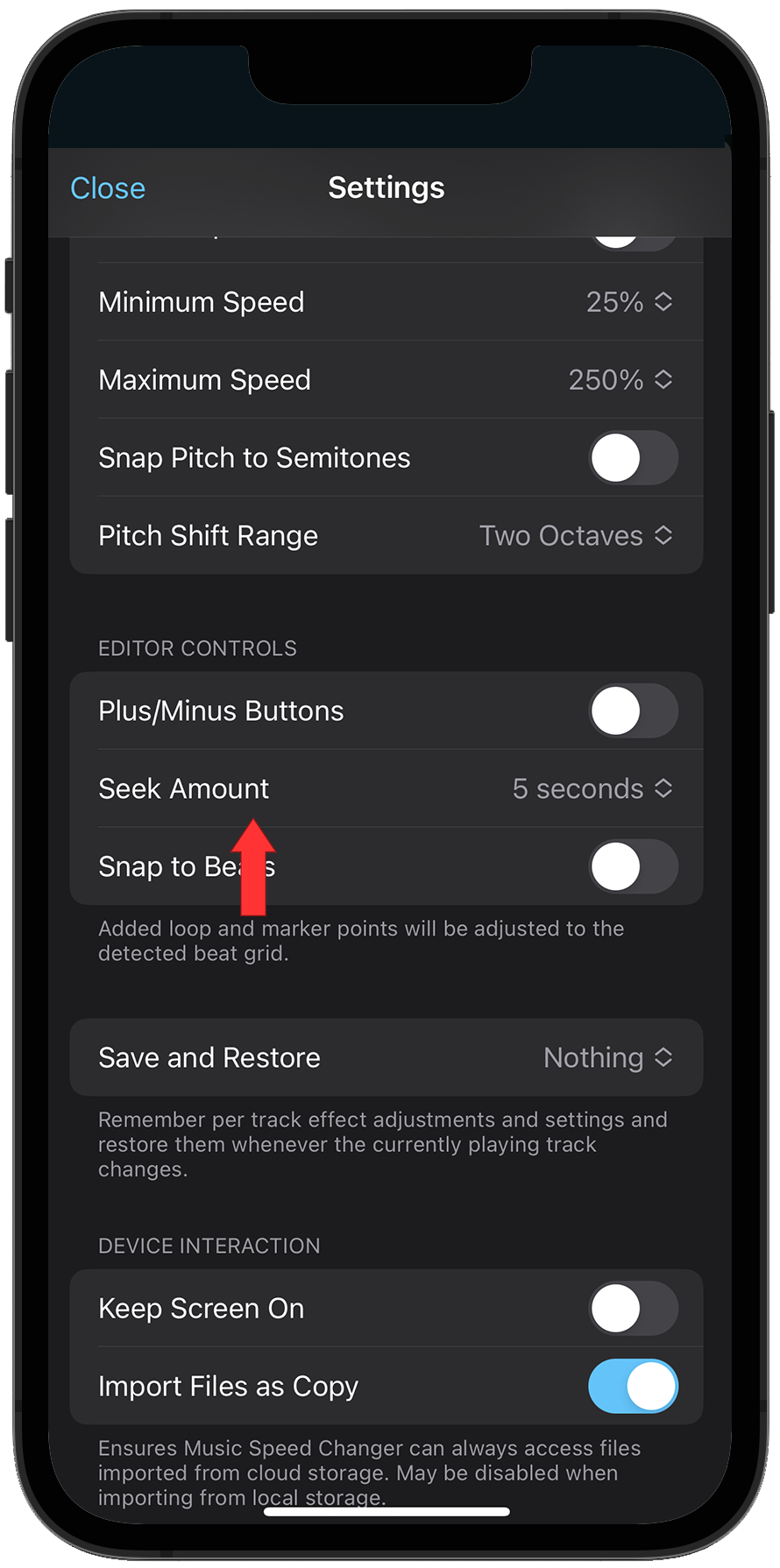 Seek amount time setting in Music Speed Changer iOS app