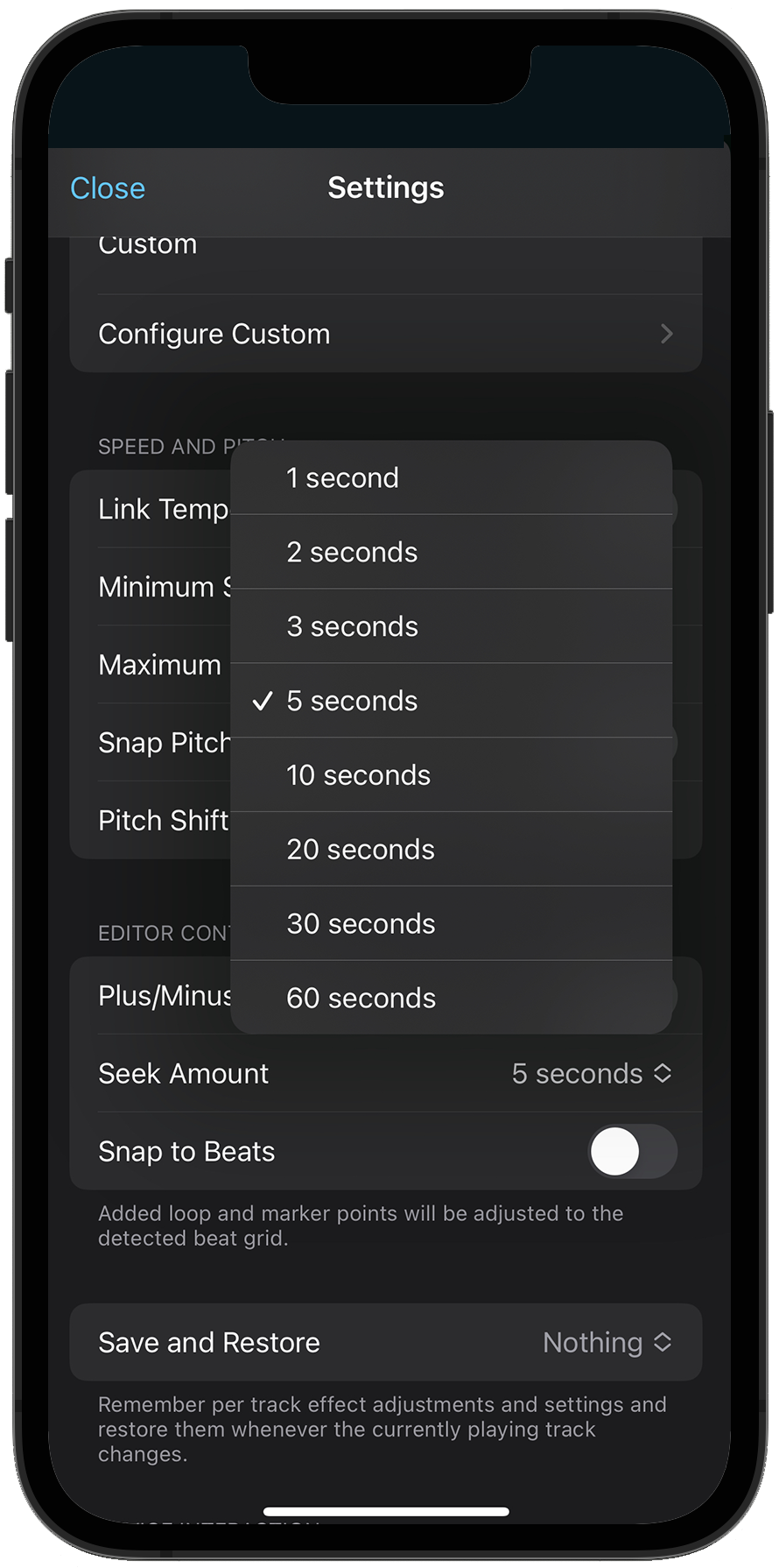 Choose the desired seek amount in Music Speed Changer iOS editor