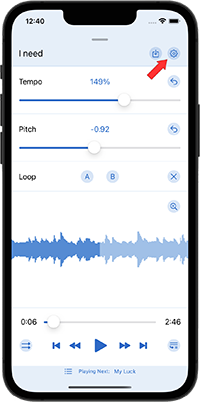 open settings of Music Speed Changer iOS app from editor